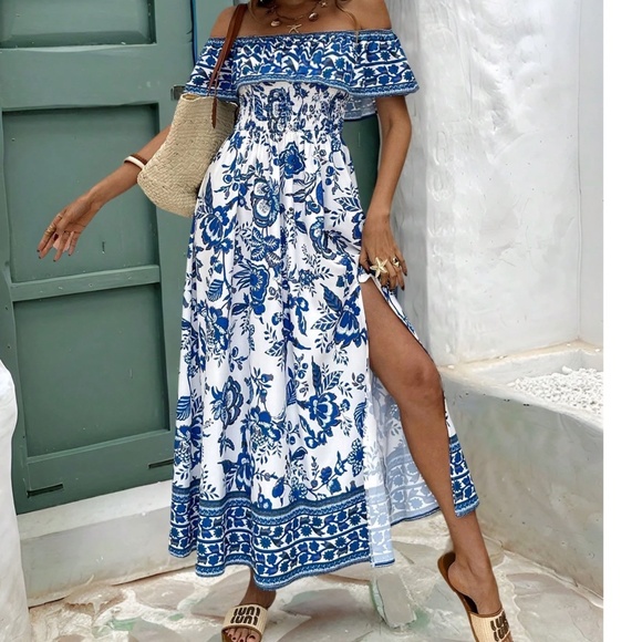 Boho Floral Print Ruffle Off Shoulder Split Thigh Maxi Dress - Picture 2 of 7